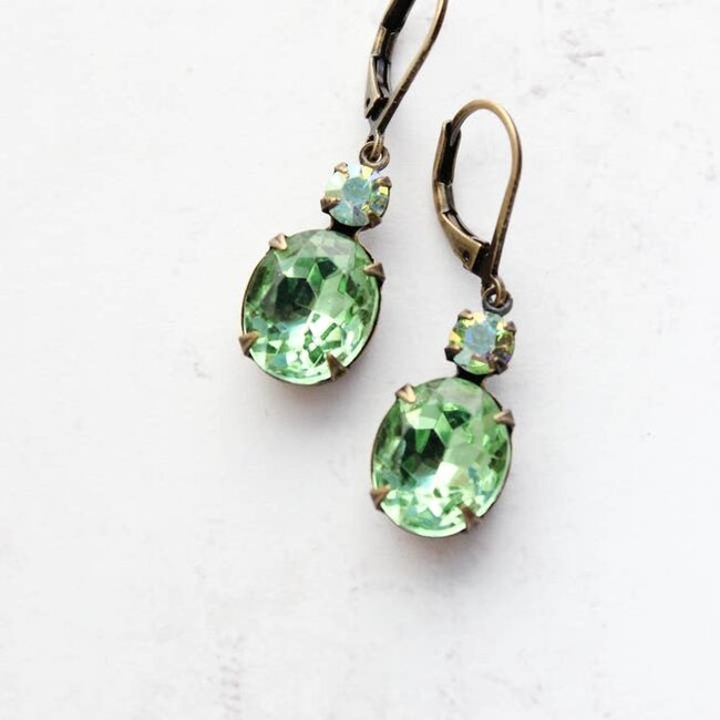 A Pocket of Posies Green Drop Earrings - Vintage Glass - Peridot Ovals