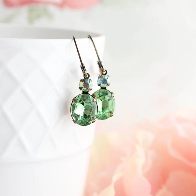 A Pocket of Posies Green Drop Earrings - Vintage Glass - Peridot Ovals