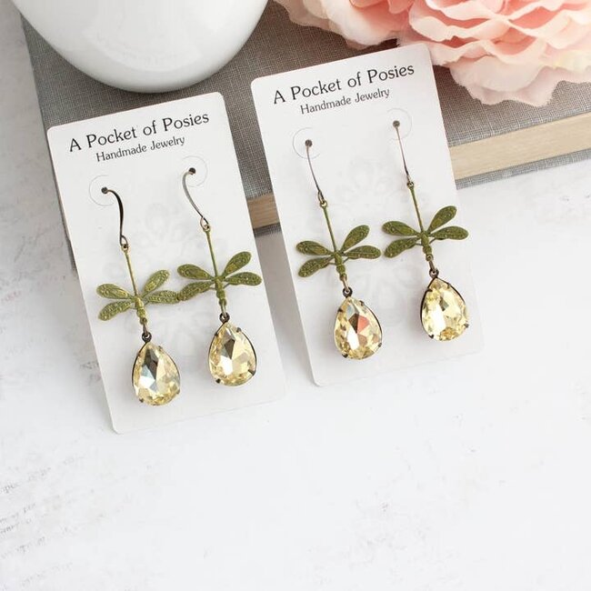 A Pocket of Posies Dragonfly Earrings Green Patina Long