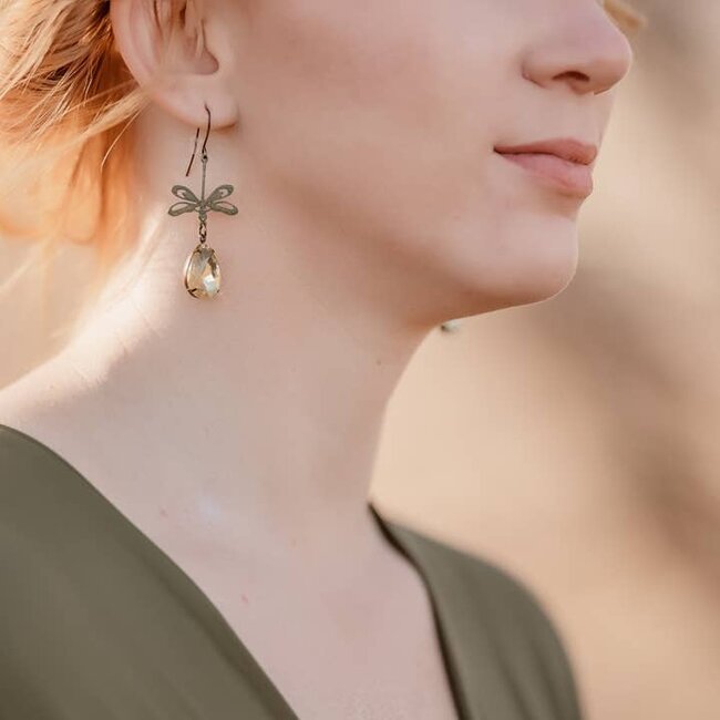 A Pocket of Posies Dragonfly Earrings Green Patina Long