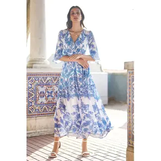 Yumi Blue Paisley Wrap Maxi Dress With 3/4 Sleeve