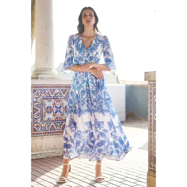 Yumi Blue Paisley Wrap Maxi Dress With 3/4 Sleeve