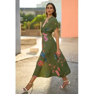 Yumi Green Bird and Floral Print Ruched Waist Kimono Midi Dress
