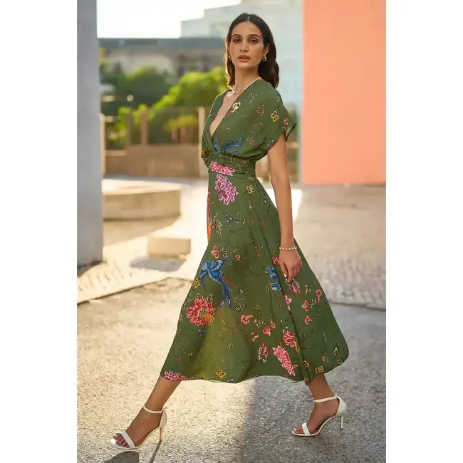 Yumi Green Bird and Floral Print Ruched Waist Kimono Midi Dress