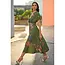 Yumi Green Bird and Floral Print Ruched Waist Kimono Midi Dress