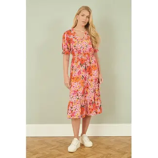 Yumi Pink Floral Midi Dress With Frill Hem and Puff Sleeves