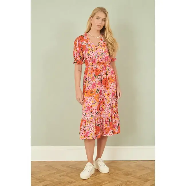 Yumi Pink Floral Midi Dress With Frill Hem and Puff Sleeves