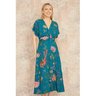 Yumi Teal Bird and Floral Print Ruched Waist Kimono Midi Dress