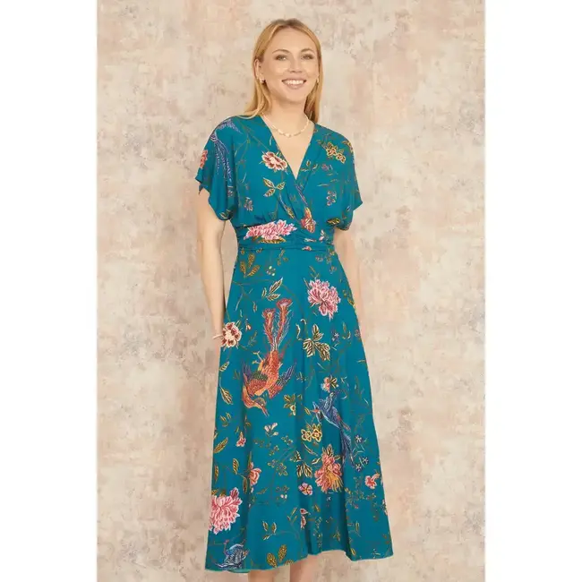 Yumi Teal Bird and Floral Print Ruched Waist Kimono Midi Dress