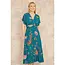 Yumi Teal Bird and Floral Print Ruched Waist Kimono Midi Dress