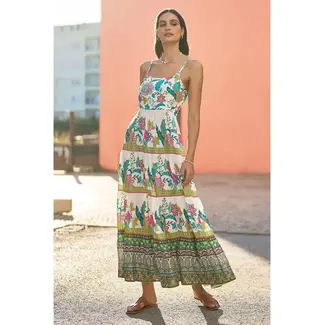 Yumi White Floral Block Print Tiered Maxi Sun Dress