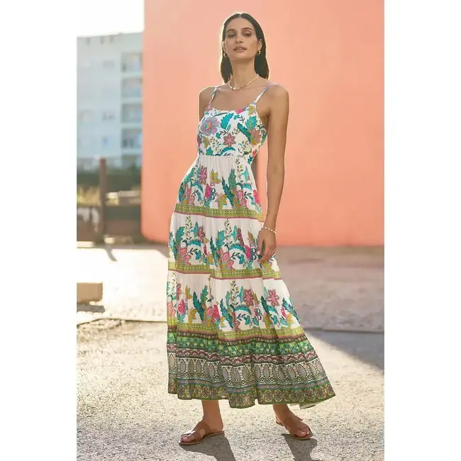 Yumi White Floral Block Print Tiered Maxi Sun Dress