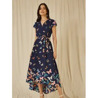 Yumi Navy Butterfly Print Dip Hem Midi Wrap Dress
