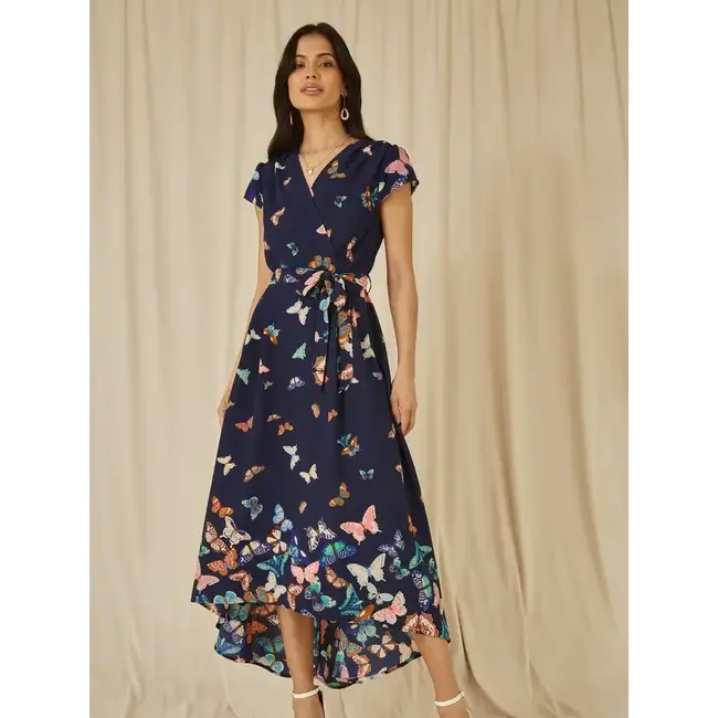 Yumi Navy Butterfly Print Dip Hem Midi Wrap Dress