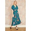 Yumi Teal Bird and Floral Print Ruched Waist Kimono Midi Dress