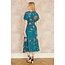 Yumi Teal Bird and Floral Print Ruched Waist Kimono Midi Dress