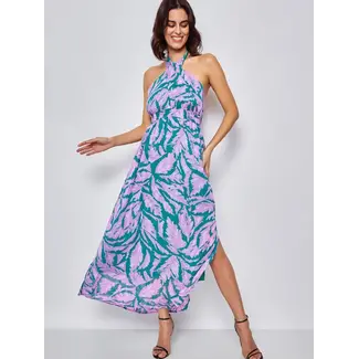 Long Print Dress with Criss-Cross Halter Neckline