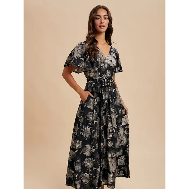 In Loom Floral Flutter Sleeve Dress