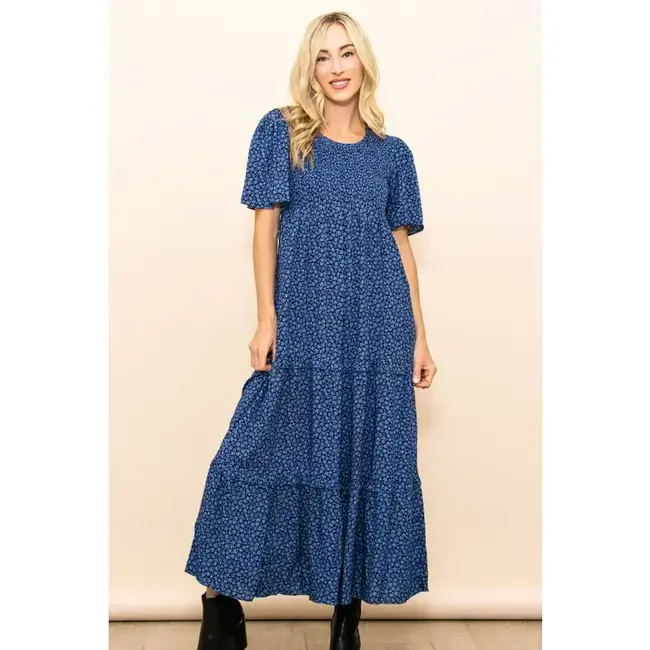 Elloh Smocked Flare Floral Maxi Dress with Pockets in Blue