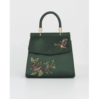 Fable England Fable Robin Love Embroidered Green Satin Tote