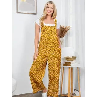 Yellow Floral Print Corduroy Overall