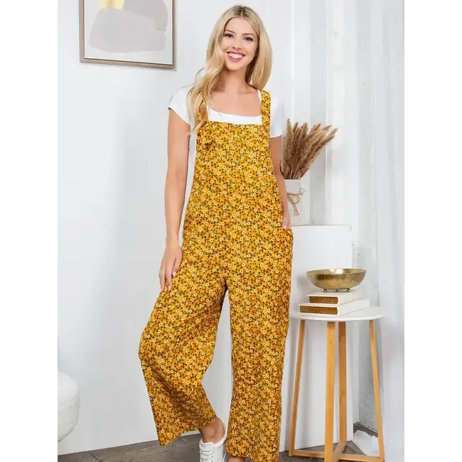 Yellow Floral Print Corduroy Overall