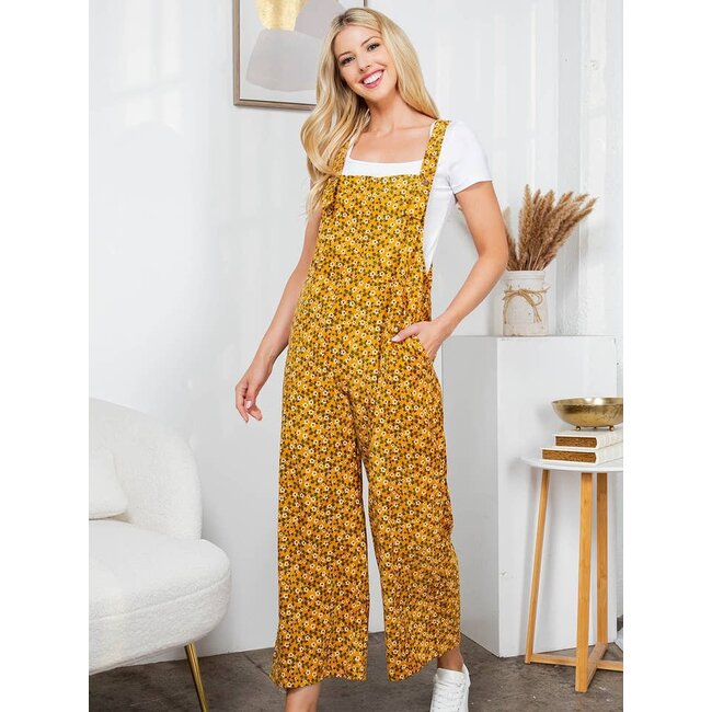 Yellow Floral Print Corduroy Overall