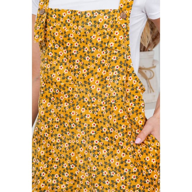 Yellow Floral Print Corduroy Overall