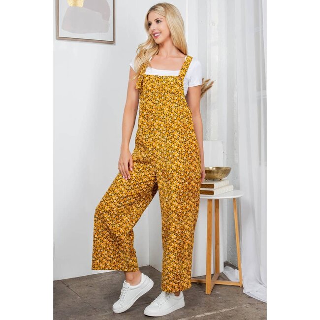 Yellow Floral Print Corduroy Overall