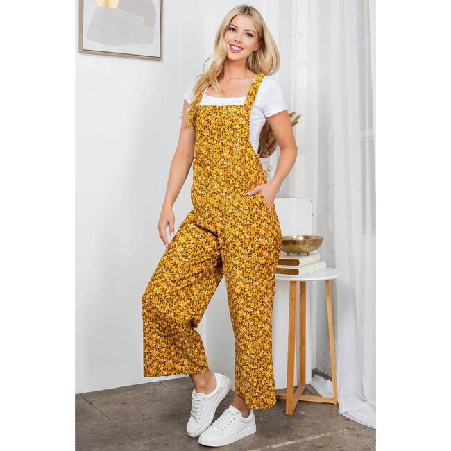 Yellow Floral Print Corduroy Overall