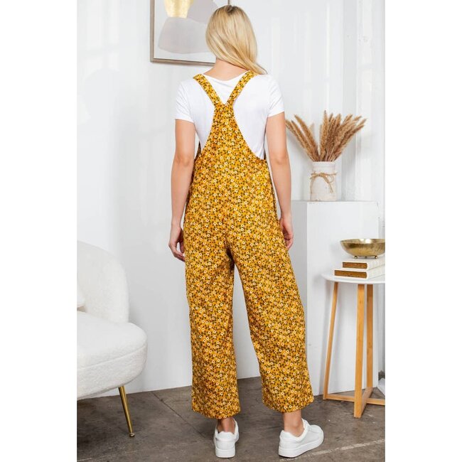 Yellow Floral Print Corduroy Overall