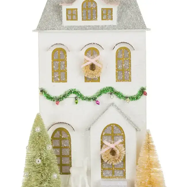 White Glittery Illuminated House Display With Wreaths