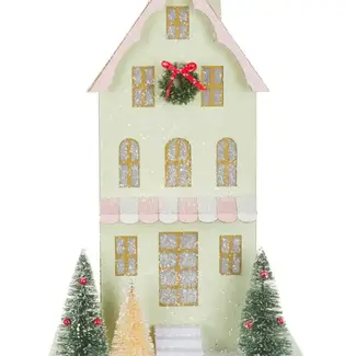 Green Illuminated House Display with Snowy Gold Roof