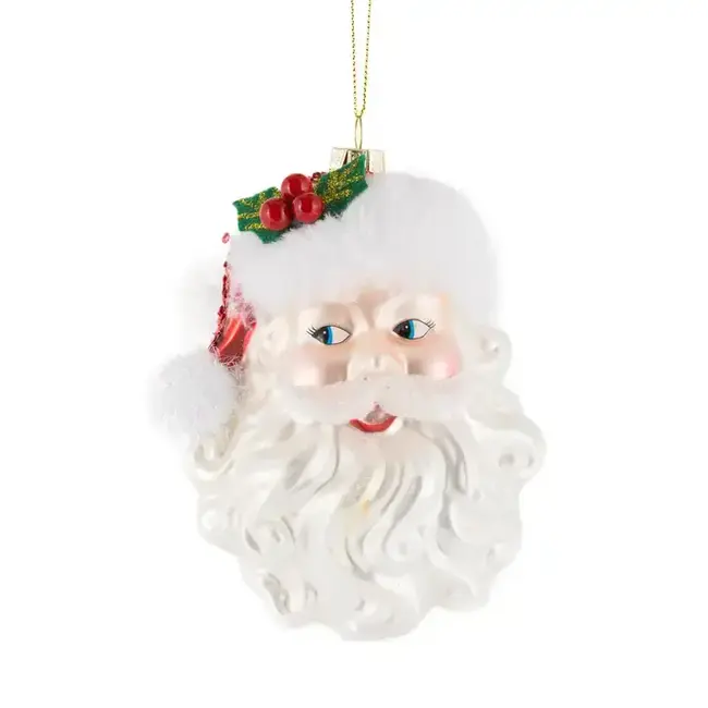 White/Red Santa Head Ornament With Holly
