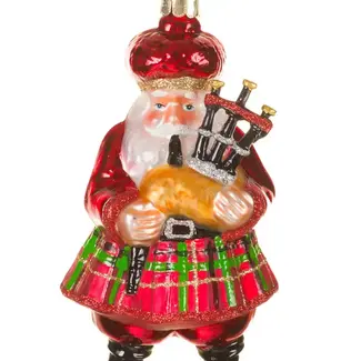 Red Glittery Scottish Santa Ornament With Bagpipes