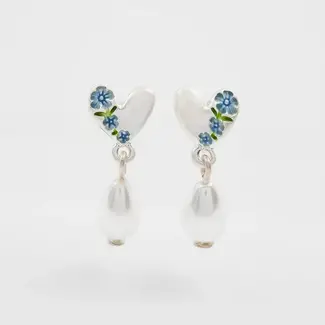 Fable England Forget Me Not Heart & Pearl Silver Earrings
