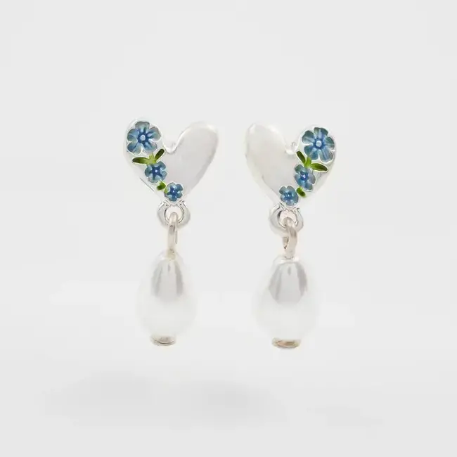 Fable England Forget Me Not Heart & Pearl Silver Earrings