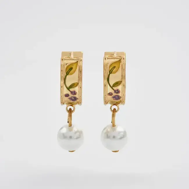 Fable England Blackberry Bramble Pearl Drop Gold Huggie Earrings