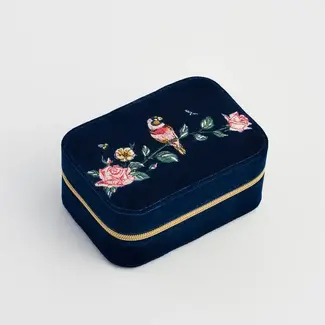 Fable England Rosy Posy Embroidered Blue Large Jewellery Box