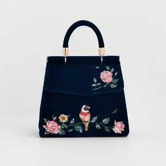 Fable England Rosy Posy Embroidered Blue Mini Top Handle Tote
