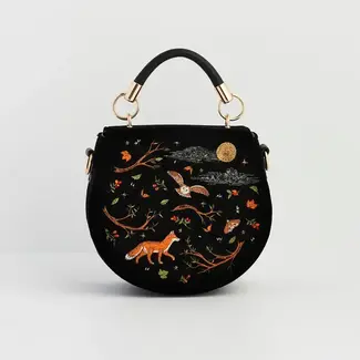 Fable England Fox and Owl Embroidered Black Top Handle Saddle Bag