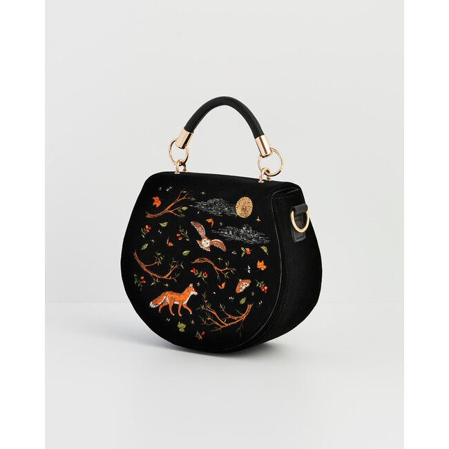 Fable England Fox and Owl Embroidered Black Top Handle Saddle Bag