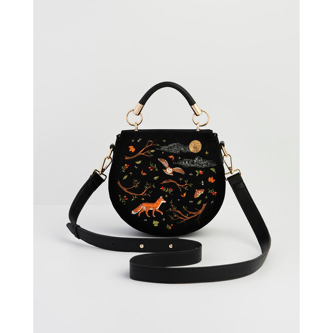 Fable England Fox and Owl Embroidered Black Top Handle Saddle Bag