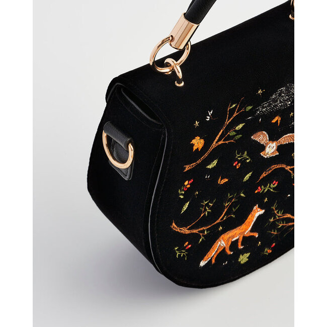 Fable England Fox and Owl Embroidered Black Top Handle Saddle Bag