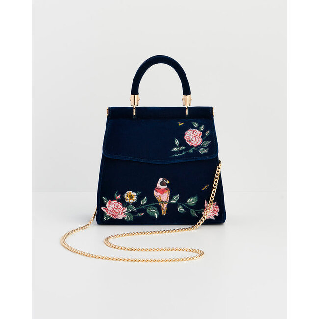 Fable England Rosy Posy Embroidered Blue Mini Top Handle Tote