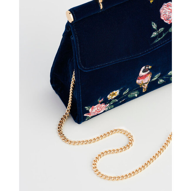 Fable England Rosy Posy Embroidered Blue Mini Top Handle Tote