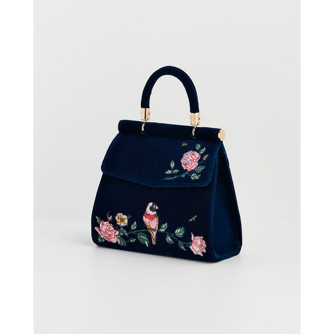 Fable England Rosy Posy Embroidered Blue Mini Top Handle Tote