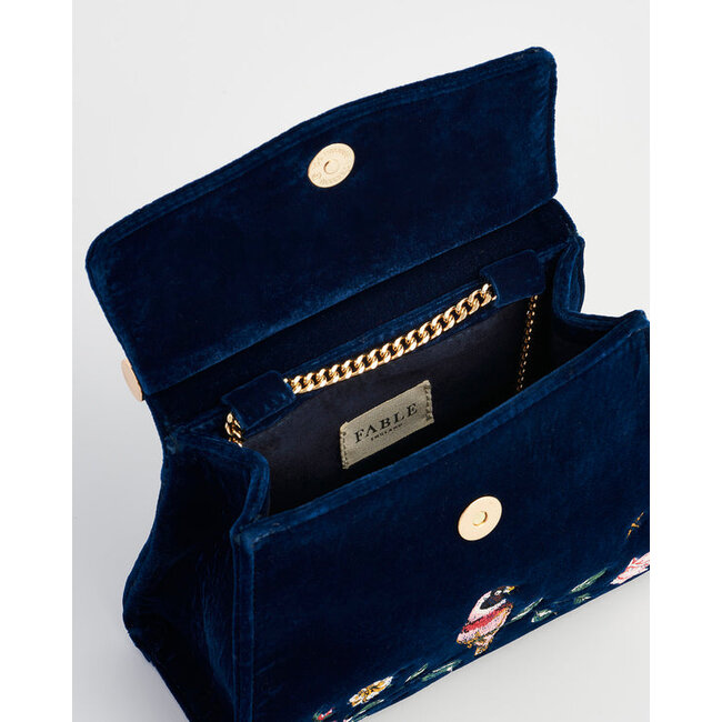 Fable England Rosy Posy Embroidered Blue Mini Top Handle Tote