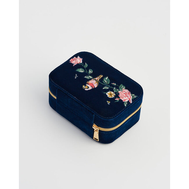 Fable England Rosy Posy Embroidered Blue Large Jewellery Box