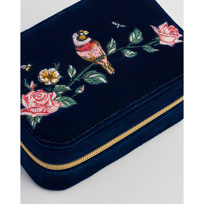 Fable England Rosy Posy Embroidered Blue Large Jewellery Box